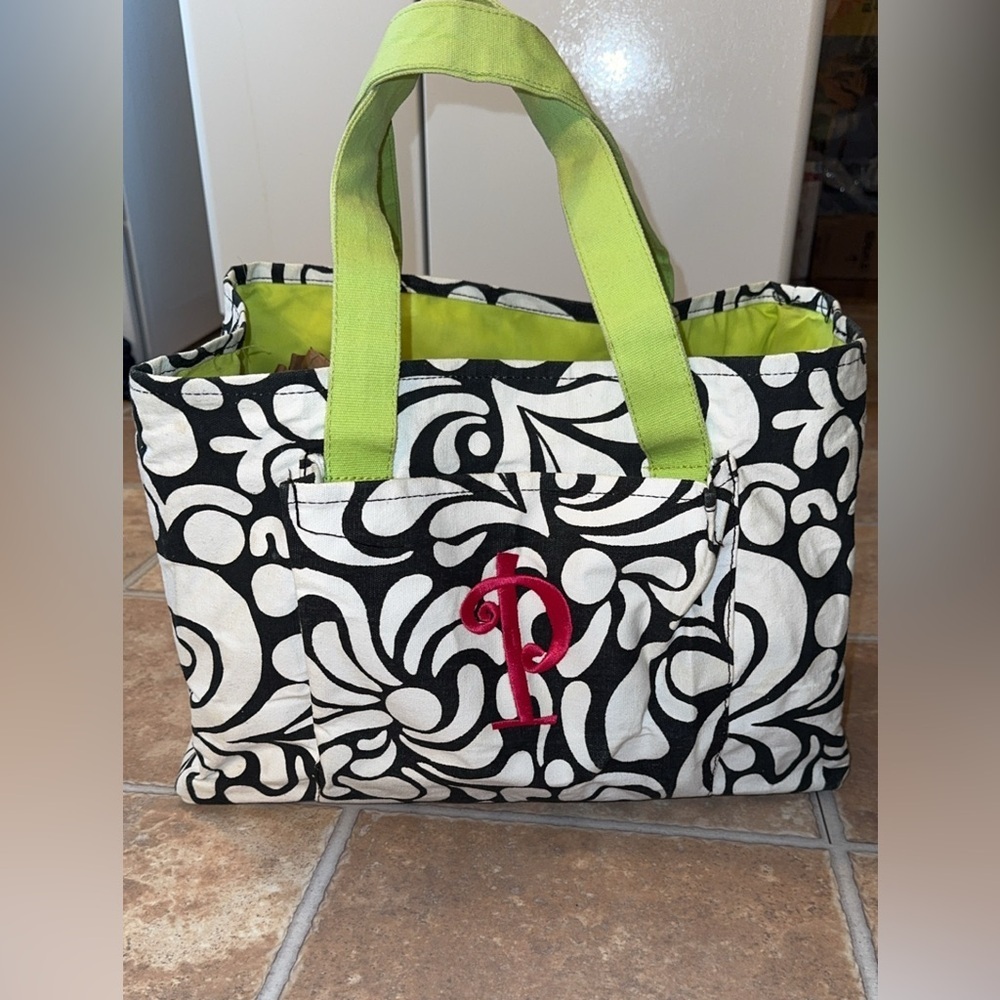 buckhead Bettie’s monogram initial lime green/pink/black “P” utility tote bag